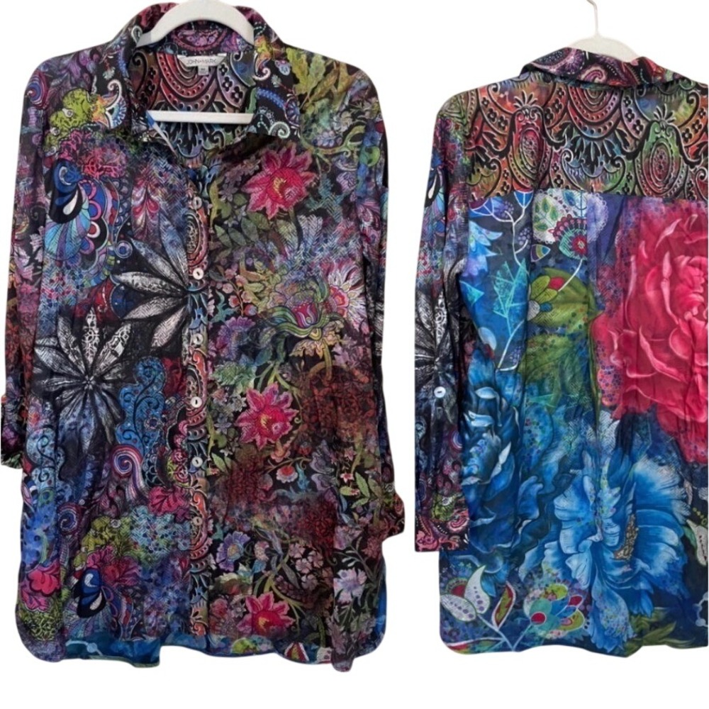 John Mark Size M Satiny Multi Color Floral Paisley Roll Tab Tunic Shirt